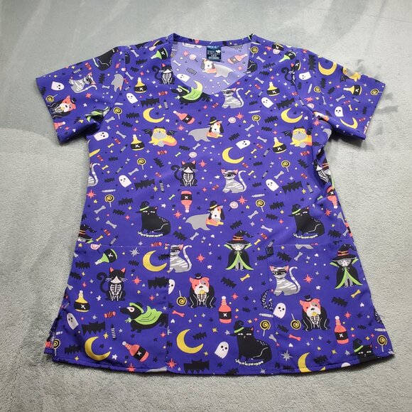 Zoe + Chloe Halloween V-neck Scrub Top 2 Pockets Spooky Cats and Dogs Wmn Sz S - Picture 1 of 10